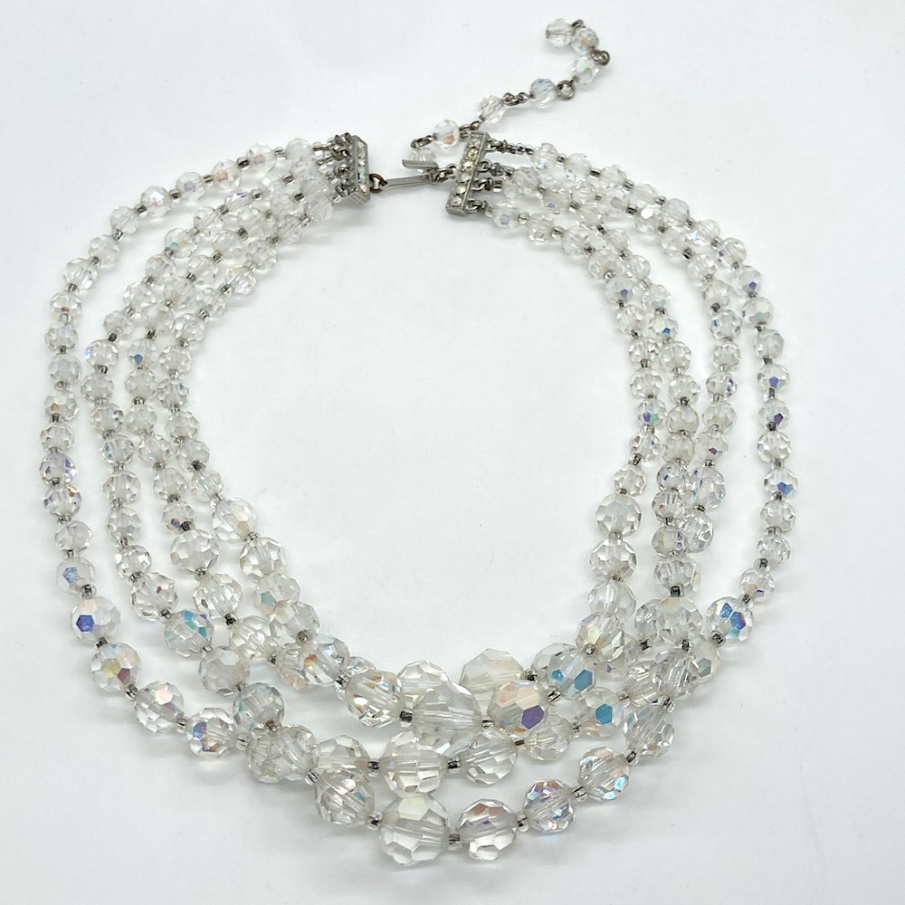 Vtg AB Aurora Crystal Iridescent Graduated Bead Multi Row Choker | 13” + 3” Ext